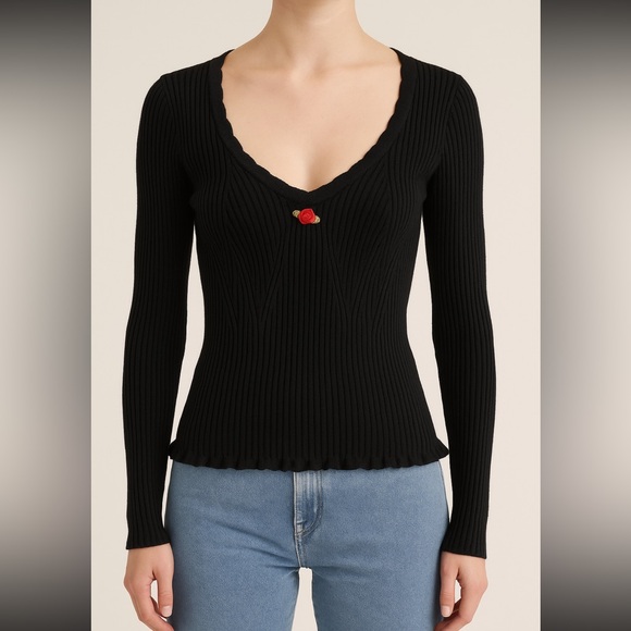 Rouje Tops - Rouje Black Ribbed Long Sleeve Top with Red Rose Accent